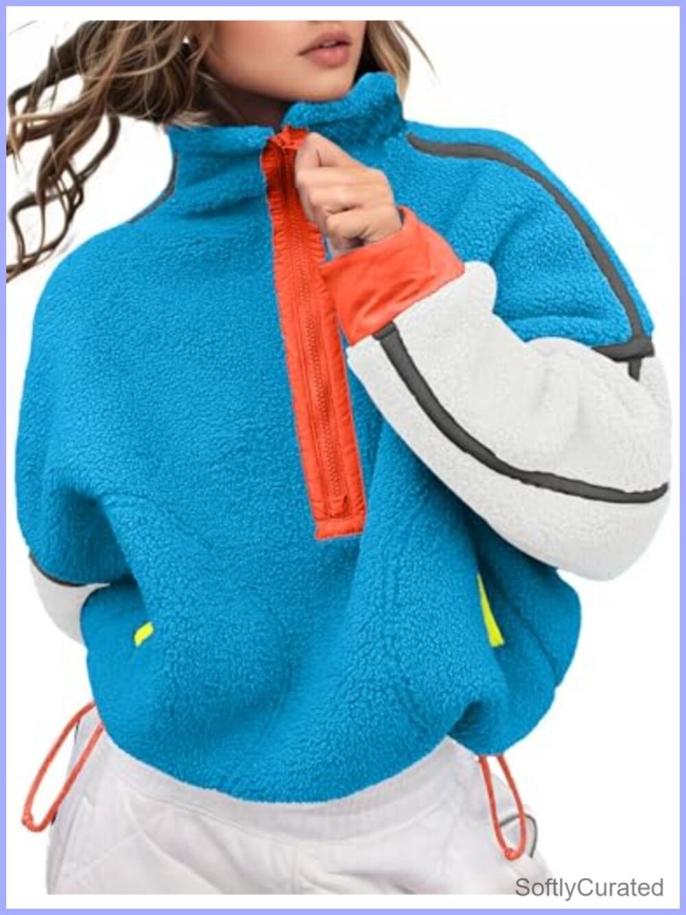 Fleece Half Zip Pullover Oversized Crop Hoodie with Pocket